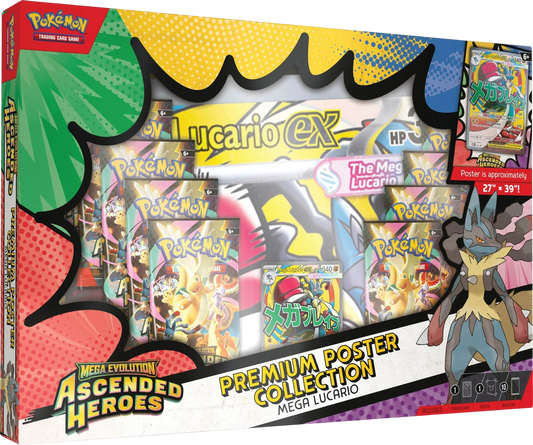 AscendedHeroesPremiumPosterCollectionLucariofront.png Pokemon TCG: Mega Evolution - Ascended Heroes: Mega Lucario Premium Poster Collection